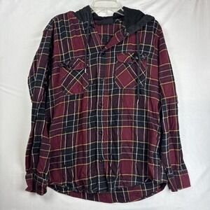 No Boundaries Hooded Flannel Plaid Medium Burgundy Black Long Sleeve